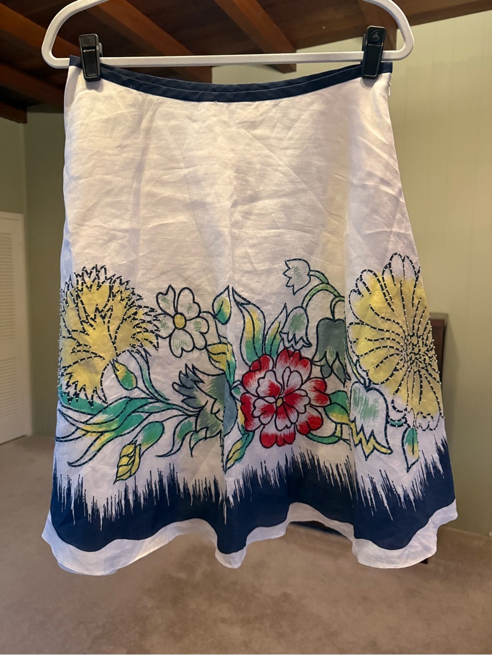 DKNY White A-Line Skirt with Multicolor Floral Border and Navy Trim
